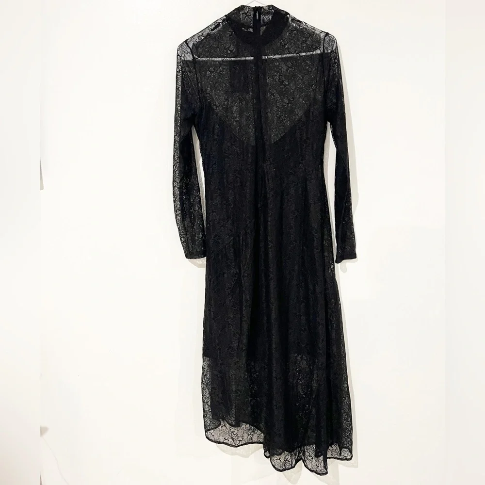 NWT All Saints Hanna Lace Black Asymmetrical Mock Neck Midi Dress Size US 8 - Picture 14 of 16